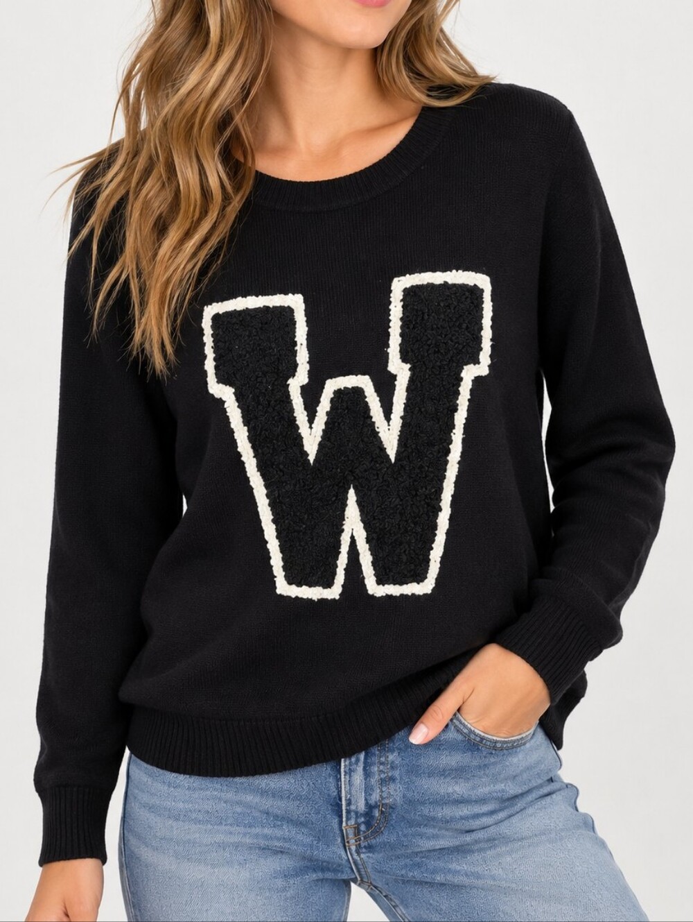 FOREVER 21 | Women’s Black Knit W Letterman Pullover Sweater Size S